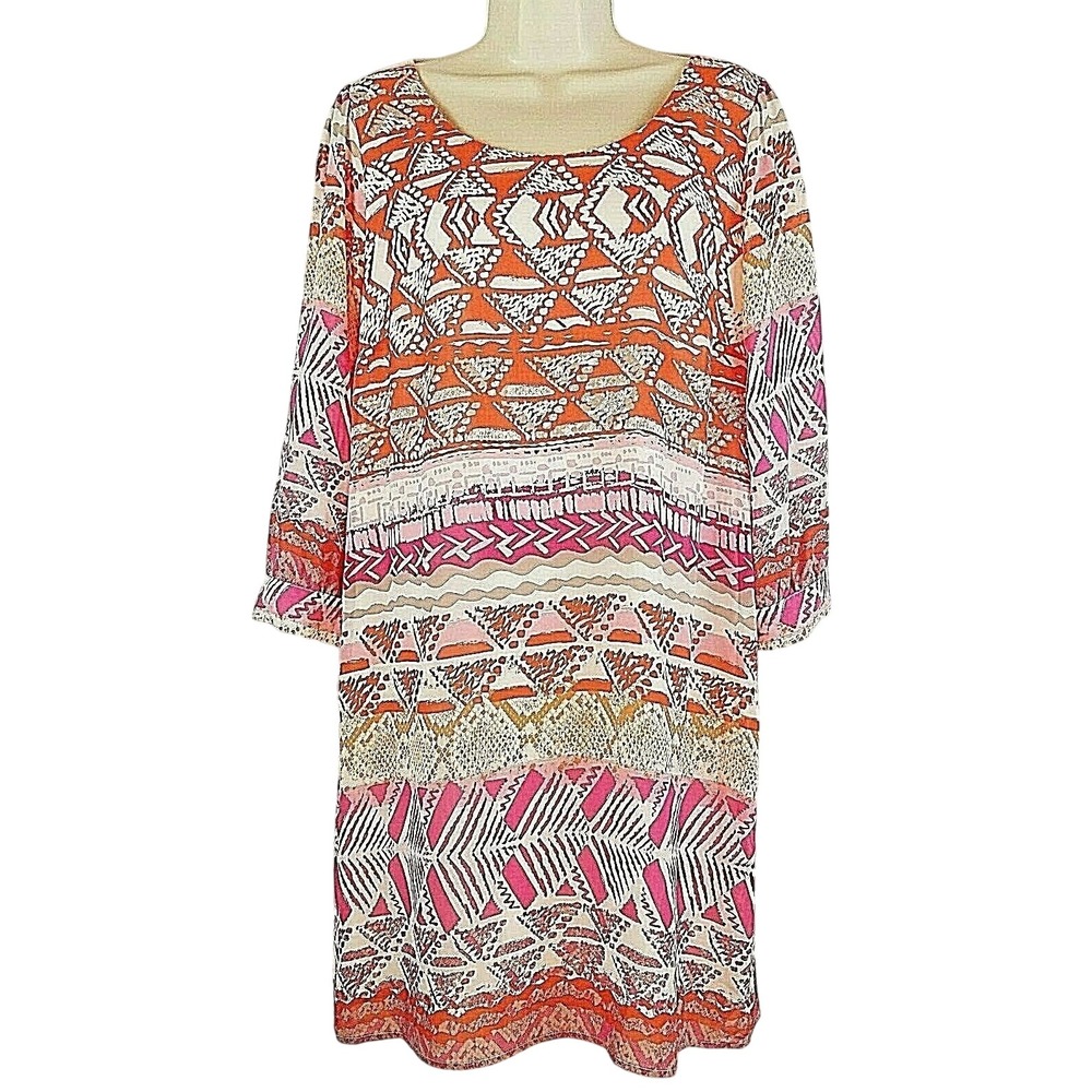 Orange Pink Geometric Lattice Back Boho‎ Shift Dress M Festival Southwestern